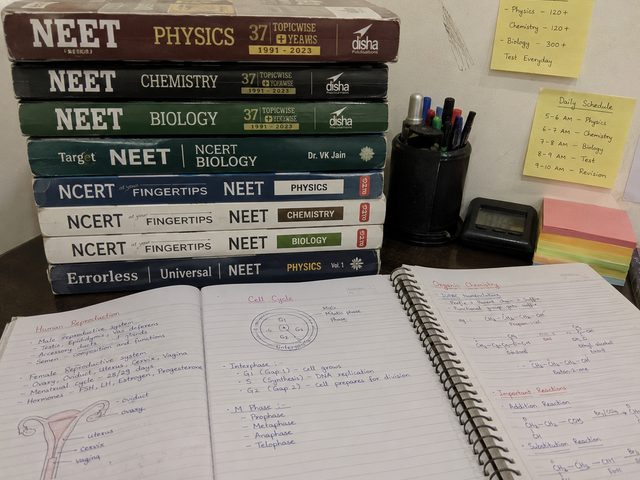 NEET prep books + handwritten notes